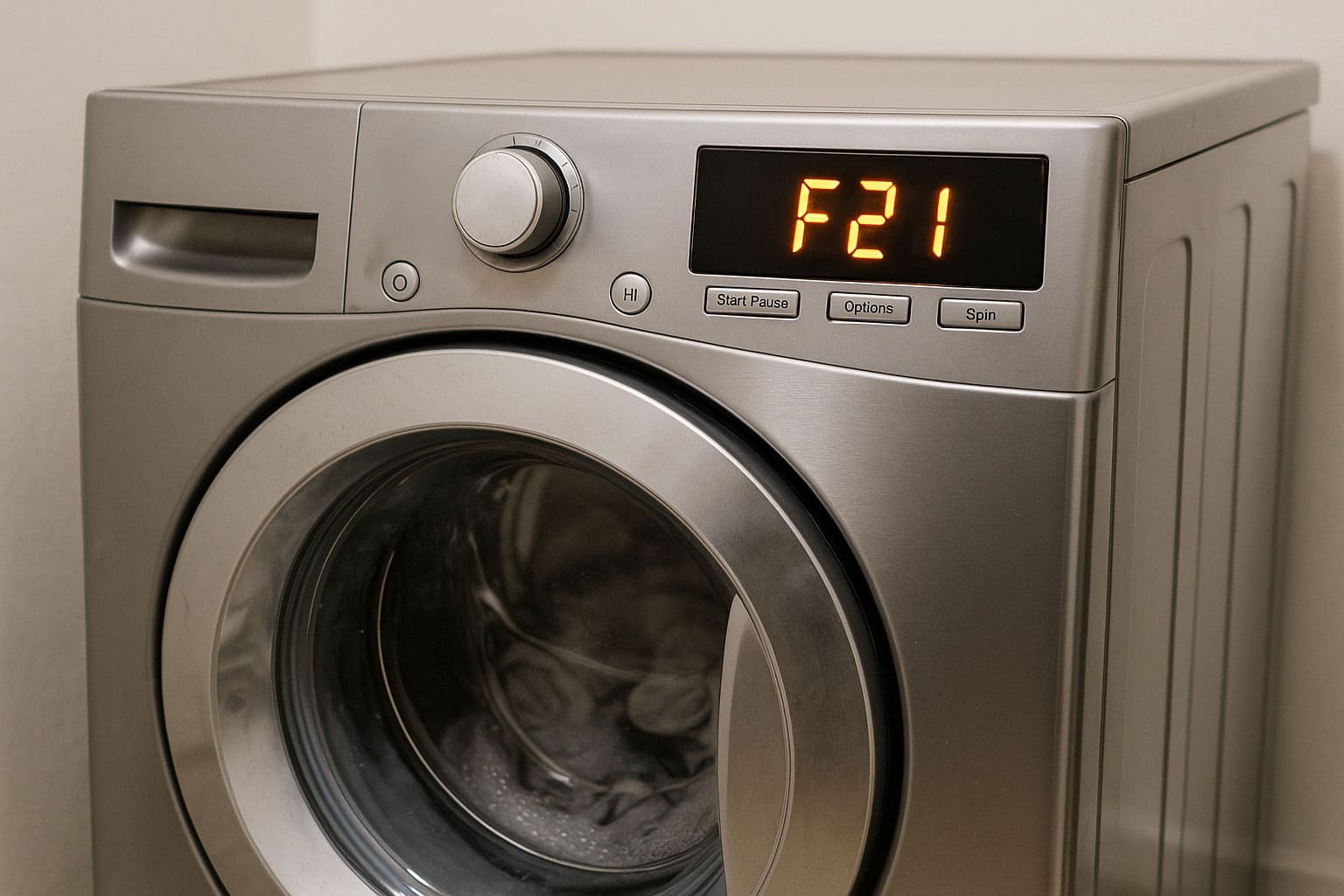 Washing machine with an error code on it.