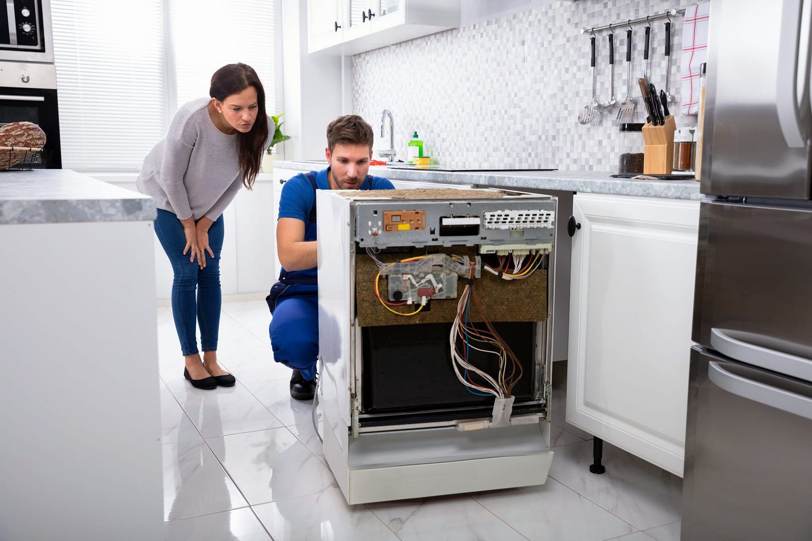 Professional appliance repairman inspecting oven with client.