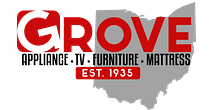 Grove Ohio Logo Logo of Grove Furniture and Mattress featuring the company name in red and black text, with an outline of the state of Ohio in gray and 'EST. 1935' in a red banner.